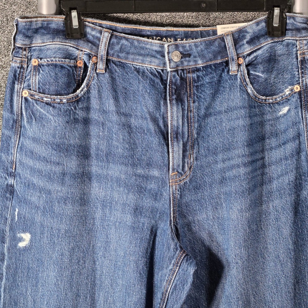 American Eagle Super High-Rise Baggy Wide Leg Jeans Blue 16 Long NEW Distressed - Picture 2 of 9